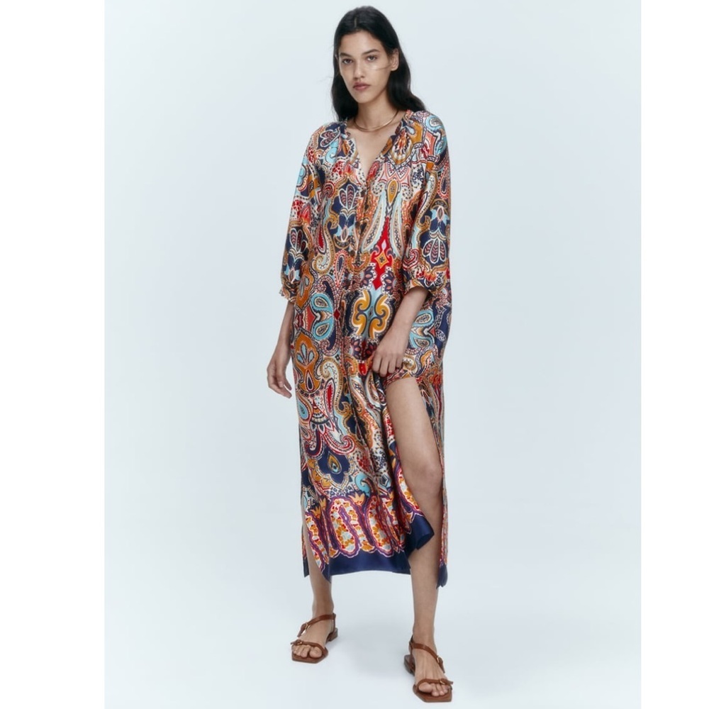 NWT Zara Boho Paisley Floral Print Fluid  MIDI /MaXi Dress - Picture 2 of 7